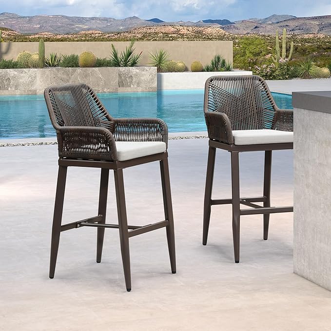 PURPLE LEAF Outdoor Wicker 29" Bar Stools Set of 2, Boho Patio Bar Height Chair with Cushion and Back for Outdoor and Indoor, Garden, Patio, Coffee