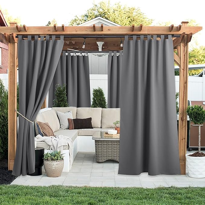 NICETOWN 2 Panels=104" Width Patio Curtains Outdoor Waterproof Extra Long 108" Length, Self-Stick Tab Top Thermal Insulated Blackout Vertical Drape Window Treatment for Lawn & Garden, Grey