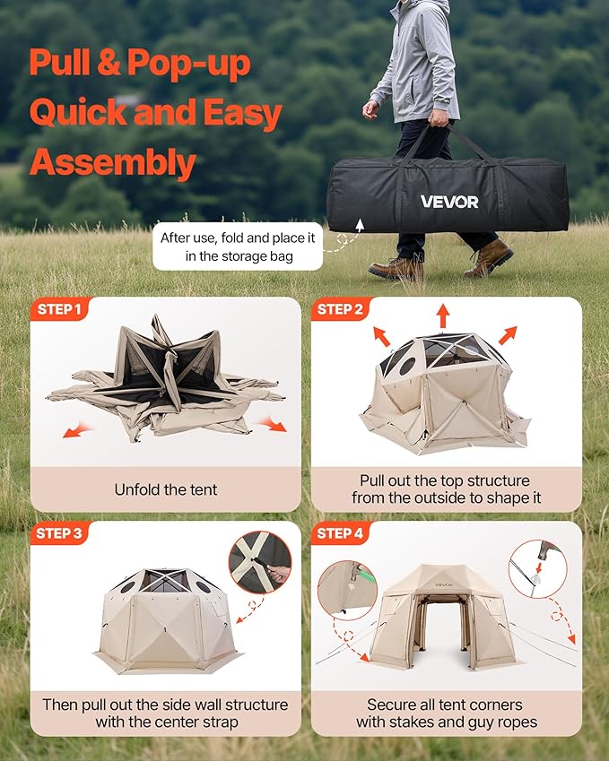 VEVOR Pop up Gazebo Screen Tent, 12 x 12 ft, 13-Sided Spherical Camping Canopy Tent with Removable Top & Carry Bag, Quick-Set & Bite-Proof, Screen House Sun Shelter for 8-10 Persons, Beige