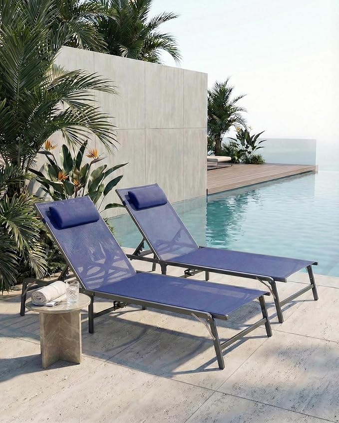 Foldable Chaise Lounge Chair with Cup Holder, Assemble-Free Outdoor Lounge Chair with Detachable Pillow and 6 Adjustable Backrest, Patio Lounge Chair for Outside Poolside Beach Pool, Blue