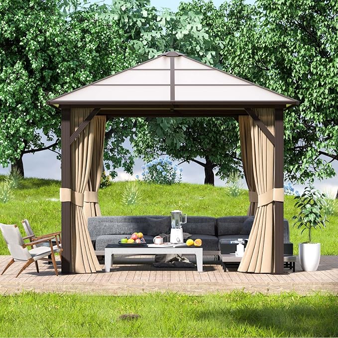 Aoxun 10FT x 10FT Gazebo Single Polycarbonate Top, Outdoor Polycarbonate Frame Permanent Gazebo with Curtains and Netting, for Patios, Parties, Backyards, Gardens and Lawns