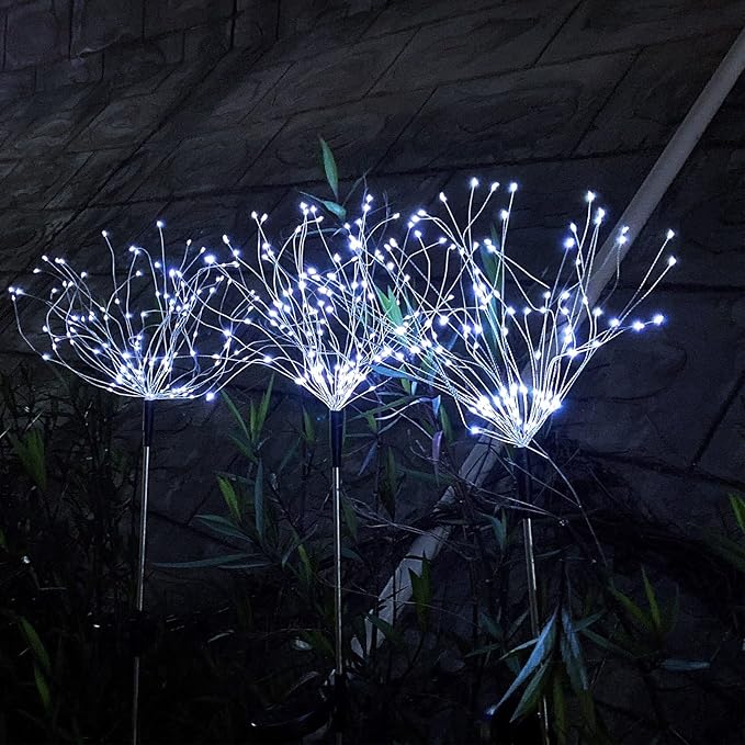 JJGoo Solar Firework Lights, 2 Pack 150 LEDs 2 Lighting Modes Solar Lights Outdoor Waterproof for Garden Patio Walkway Pathway Party Wedding Christmas Decorative - White