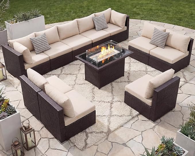 NICESOUL Modern Luxury Outdoor Patio Sectional Furniture Set with Fire Pit Table, Large Size PE Brown Wicker 29.3'' High Back Conversation Set with Natural Gas/Propane Fireplace, 11 Pieces 10 Seats