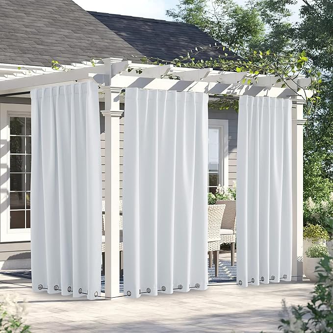 NICETOWN 2 Panels Outdoor Curtains Waterproof 90 inch Long for Patio, Windproof Top & Bottom Grommet & Back Tab Weighted Blackout Outdoor Drapes with Rope for Fixed, W66 x L90, Greyish White