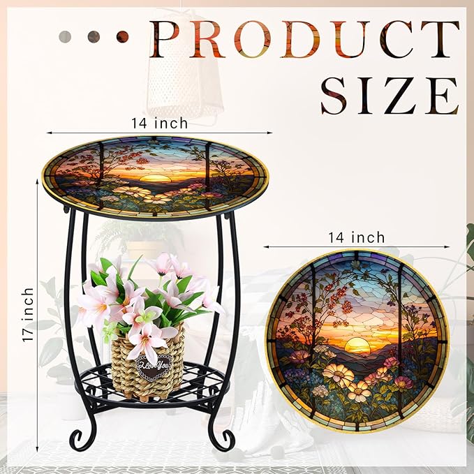 Outdoor Side Table Round Small Mosaic Patio Accent Indoor End Plant Coffee Tea Table for Yard Patio Porch Garden Living Room, Bedroom(Sunset and Flowers,14 Inch)