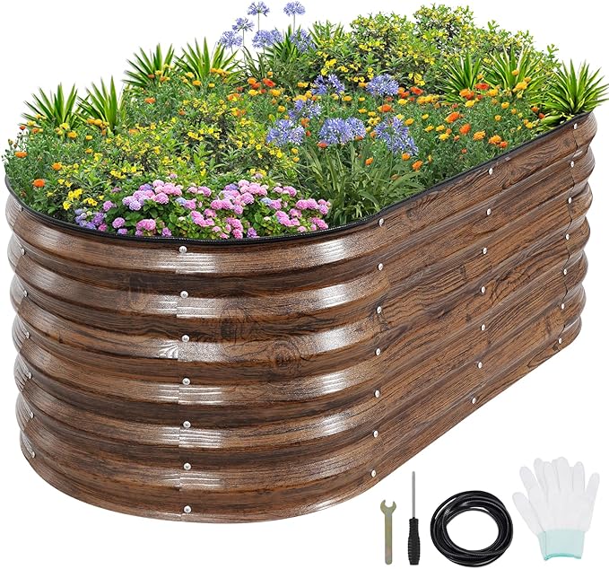 1MORE Galvanized Raised Garden Bed- Planter Garden Boxes Outdoor, Raised Beds for Gardening, 4x2x1.4ft Metal Garden Bed Kit for Vegetables Flower, Planter Raised Bed with Protective Tape & Tools.Grain