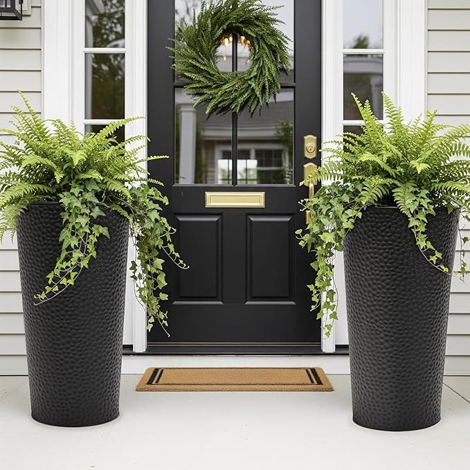 Worth 2 Pack 28" Tall Narrow Metal Planter with Inside Pot for Indoors or Outdoors, Deck, Patio or Front Porch, Hand-Hammered Texture, Black