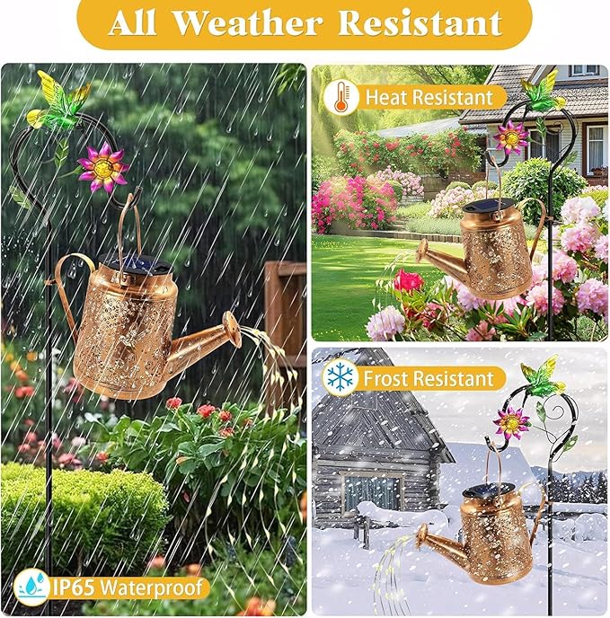 Solar Lanterns Outdoor, Hummingbird Sunflower Watering Can lights, Waterproof Hanging Lanterns, Solar Path Lights, Outside Decoration Gardening Christmas Gifts for Mom Grandma Women with Shepherd Hook