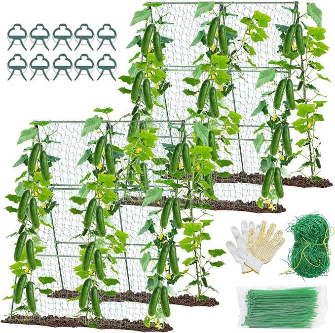 2PCS Cucumber Trellis for Climbing Plants Outdoor, Garden Trellis for Raised Bed Garden,Vegetable Grow Supports with Climbing Net for Tomato Bean Squash, Grape Zucchini (2PCS)