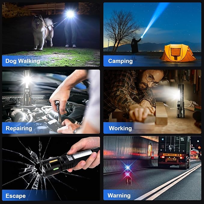 Rechargeable Flashlight High Lumens 900,000L, Super Bright LED Handheld Flashlights, 5 Modes Powerful Tactical Flash Light with Cob Side Light, USB C, Waterproof for Home, Emergency