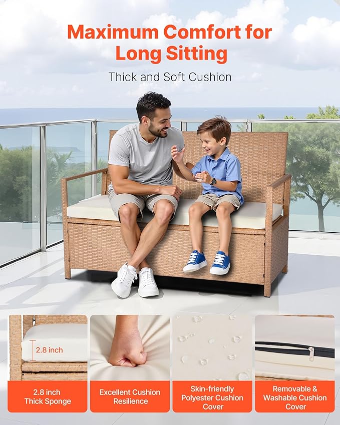 VEVOR Outdoor Storage Bench, 2-Person PE Rattan Storage Bench, 70 Gal Deck Box with Cushion, Supports up to 265 lbs, Weatherproof Outdoor Seating & Porch Decor for Patio Garden Balcony Yard