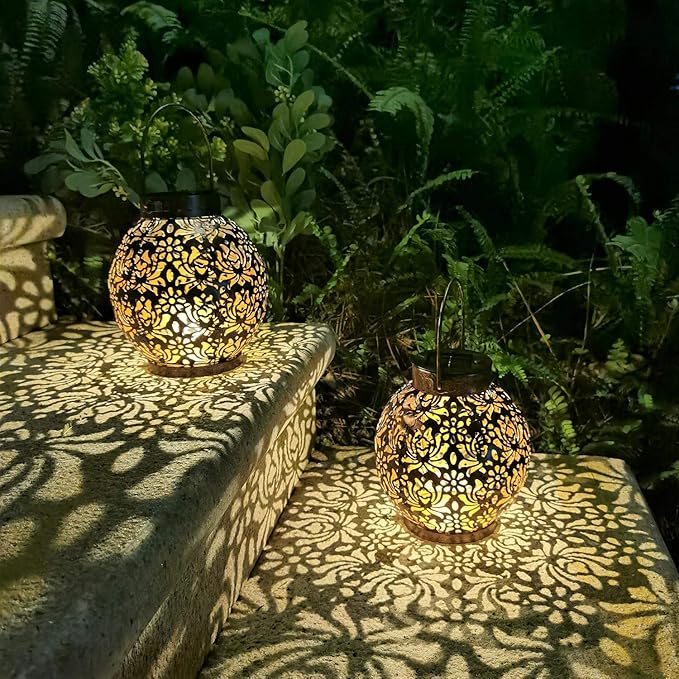 2 Pack Outdoor Solar Hanging Lantern Lights Metal LED Decorative Lamp for Garden Patio Courtyard Lawn and Table with Hollowed-Out Design (Bronze)