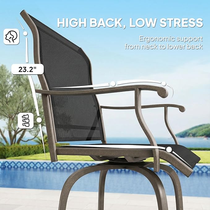 Outsunny Set of 2 Outdoor Swivel Bar Stools with Armrests, Bar Height Patio Chairs with Steel Frame for Balcony, Poolside, Backyard, Black