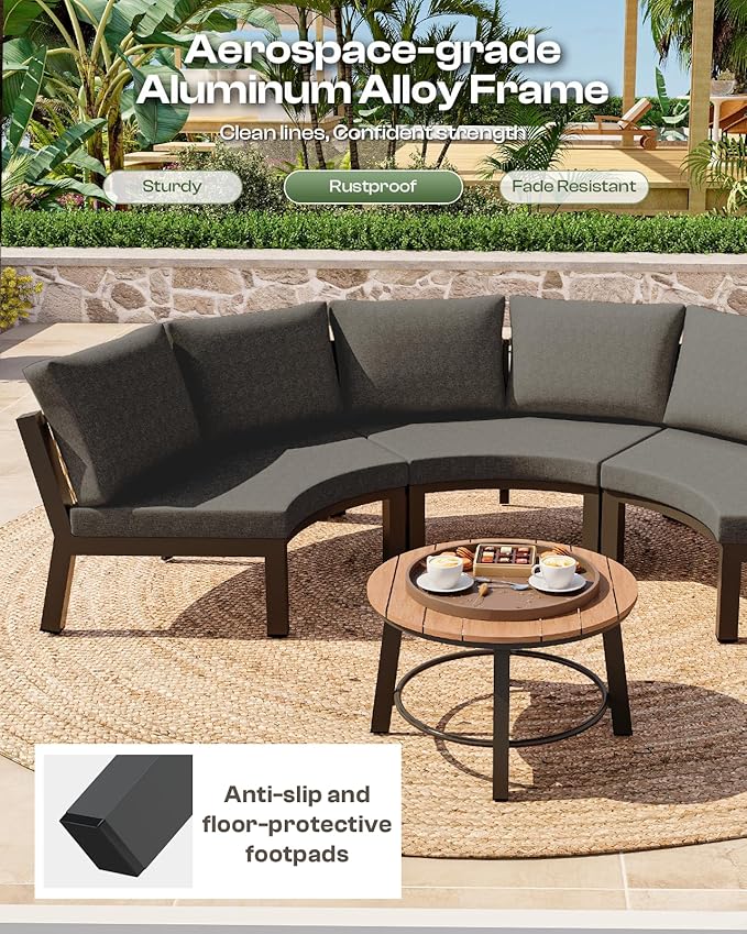 Outdoor Aluminum Patio Furniture Set, 7 Piece Curved Outdoor Sectional Sofas with Coffee Table, PE Rope Patio Conversation Sets, All-Weather Patio Couch Sets with Cushions, Graphite