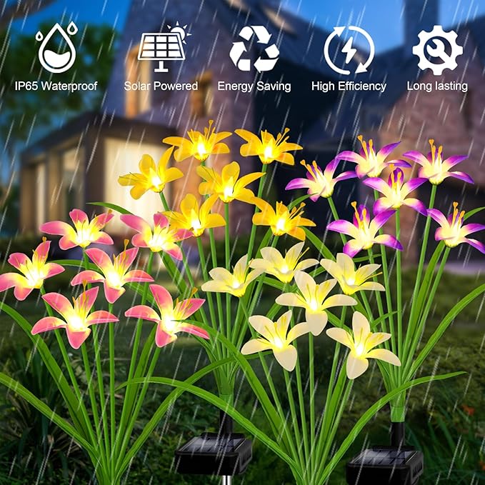 Solar Garden Lights New Upgraded Solar Wild Lily Flower Lights, Yard Patio Pathway Deco High Flexibility Copper Wire & Handmade Silk Artificial Flowers Never Wither, Gift for Family Friends