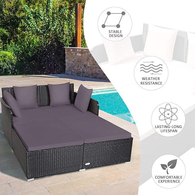 COSTWAY Outdoor Patio Rattan Daybed, Sponge Cushioned Loveseat Sofa with 4 Pillows, Wicker Furniture Sunbed for Balcony, Courtyard (Grey)