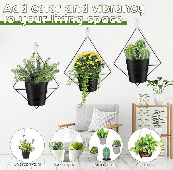 Baderke 6 Sets Wall Planters for Indoor Plants Hanging Wall Planter with Metal Holder Geometric Self Watering Wall Pots Mounted Succulent Pots, 5" Black Plant Container