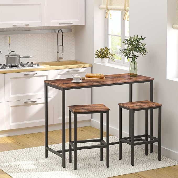 HOOBRO Bar Table and Chairs Set, 47.2” Rectangular Pub Table with 2 Stools for Small Space, High Top Table, 3-Piece Breakfast stools Set, Sturdy Metal Frame, Easy to Assemble, Rustic Brown BF52BT01