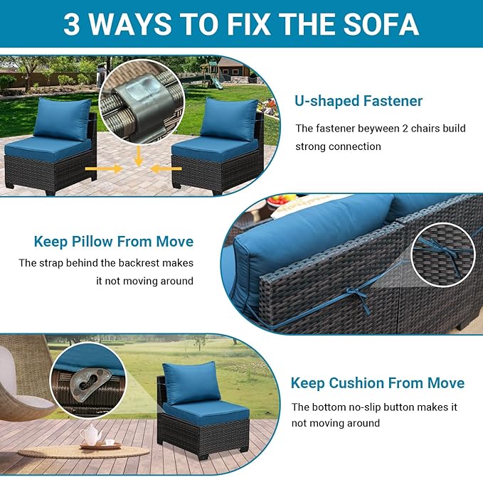 Jing's Villa 2 Piece Patio Wicker Armless Sofa, All-Weather Outdoor Sectional Sofa Set with Thick Seat Cushions and 2 Back Cushions for Garden Patio, Backyard, Poolside Peacock Blue