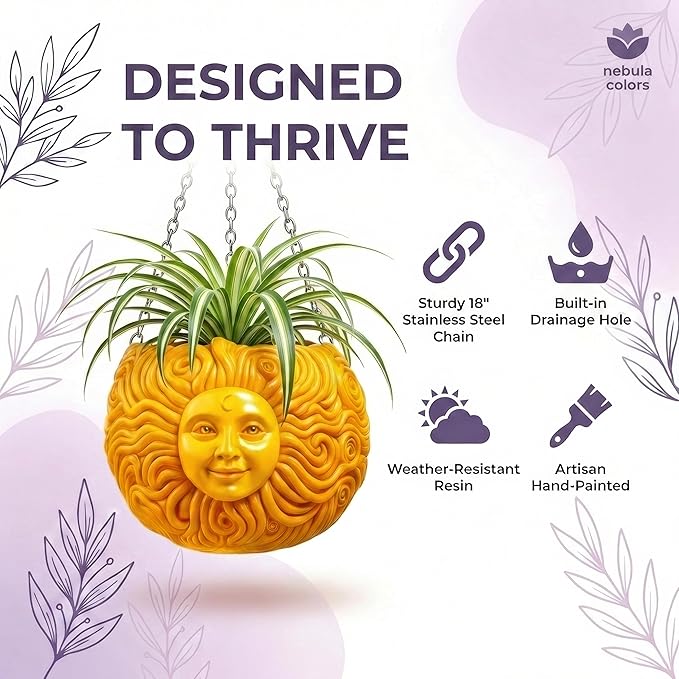 Fun & Unique Sun Face Hanging Planter Quirky Celestial Decor for Plant Lovers – Indoor Outdoor Flower Basket for Succulents & Small Plants – Decorative Garden Yard Art