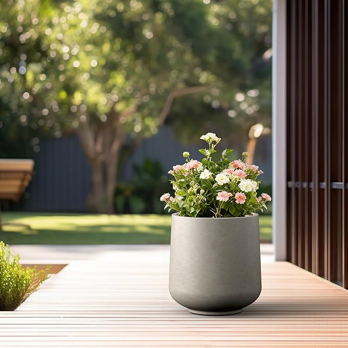 Kante 15.3" Dia Round Concrete Planter, Outdoor Indoor Large Plant Pots Containers with Drainage Hole and Rubber Plug for Home Garden Patio, Weathered Concrete