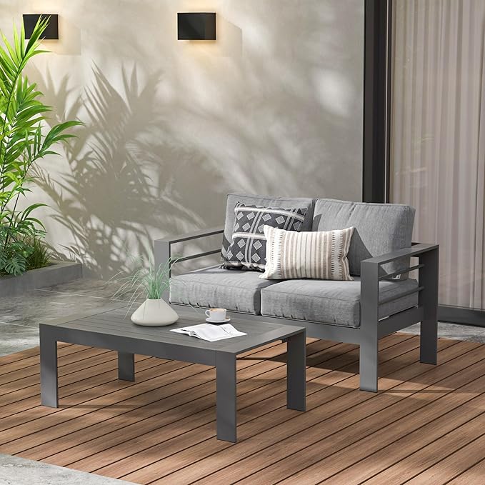 Modern Aluminum Outdoor Coffee Table, All-Weather Metal Rectangle Table for Patio, Balcony or Garden, Dark Grey