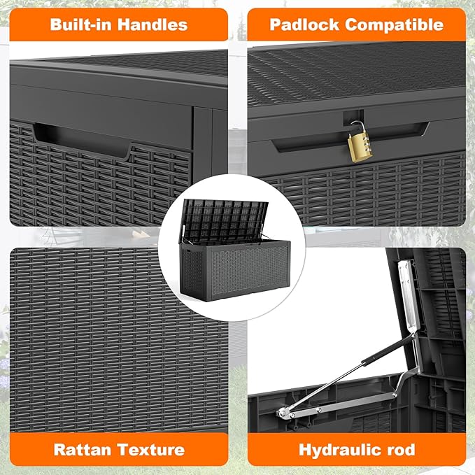 ROJIK Outdoor Storage Housing Deck Box - Waterproof Patio Furniture, Garden Tools, Cushions, Pool Accessories Storage Bench with Lockable Lid and Side Handles (Black 110 Gal)