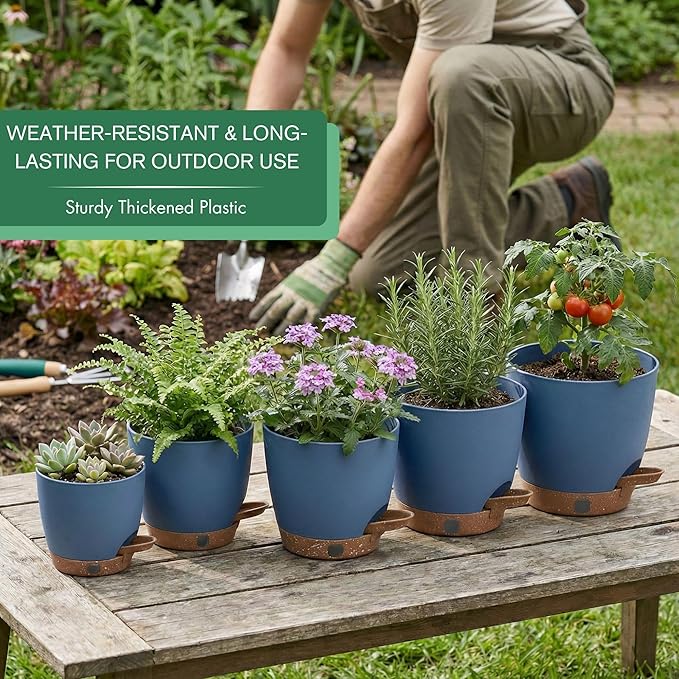 montresor 5-Pack 5/5.5/6/6.5/7 Inch Reservoir & Drainage Plastic Self Watering Flower Pots– Ocean Blue Indoor Plant Pots with Wick System for Peace Lily, Fern, Spider Plant