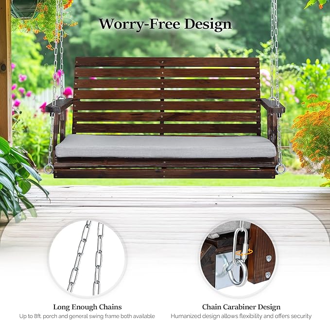 VINGLI Outdoor 4 FT Porch Swing, Heavy Duty 880 LBS Wooden Patio Swings with Cushions, Farmhouse Style Hanging Bench with Adjustable Chains for Yard | Garden | Lawn | Balcony, Rustic