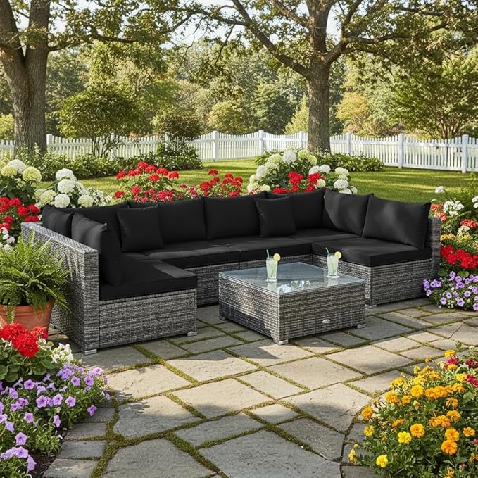 Tangkula 7 Pieces Patio Rattan Furniture Set, Patiojoy Outdoor Conversation Set with Cushions and Tempered Glass Coffee Table, All-Weather Sectional Sofa Set for Garden, Lawn, Backyard (Black)