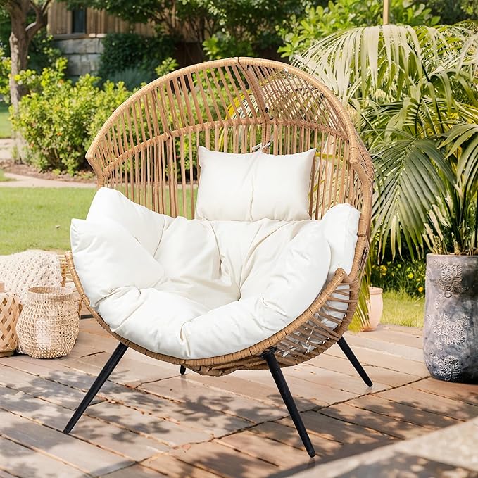 Vongrasig Wicker Egg Chair PE Rattan Chair with Cushion, Oversized Patio Lounge Chair for Outdoor, Indoor, Balcony, Backyard, Garden, Living Room, Beige