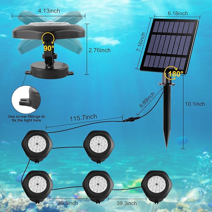 Solar Pond Lights, 18 LED Super Bright RGB LED Underwater Spotlights Color Changing Submersible Pond Light IP68 Waterproof Fountain Lights for Fish Aquarium Tank Garden Yard Pool (5-in-1)