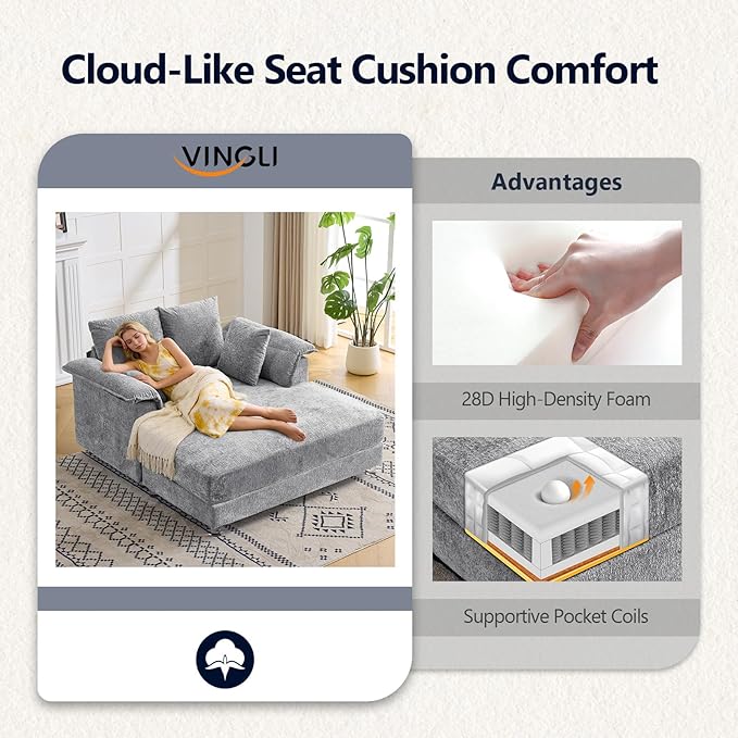 VINGLI Modern Floating Chaise Lounge Chair with Acrylic Legs, Upholstered Cushion Deep Seat Lounge Sofa with Iron-Wood KD Frame, Pillow Armrest, Accent Chair for Living Room, Play Room Apartment