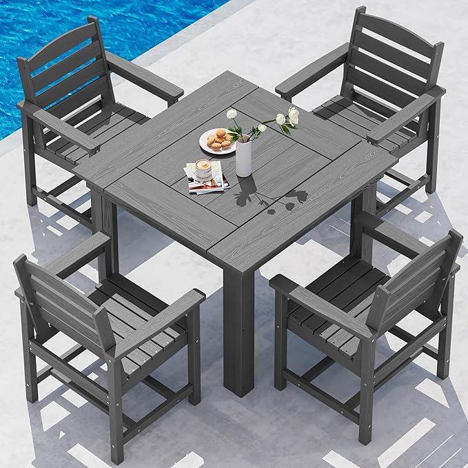 SERWALL Outdoor Dining Set for 4, HDPE Square Table and Chairs Set All Weather Patio Dining Set with 4 Classic Dining Chairs, 5-Piece Patio Dining Furniture for Deck, Gray