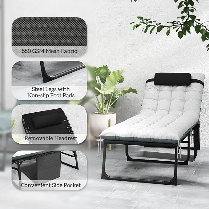Outsunny Chaise Lounge Chair Outdoor Set of 2, 5-Position Adjustable Outdoor Pool Lounge Chairs, Folding Tanning Chair Beach Lounger with Cushion, Headrest, Side Pocket for Patio, Yard, Black/Gray