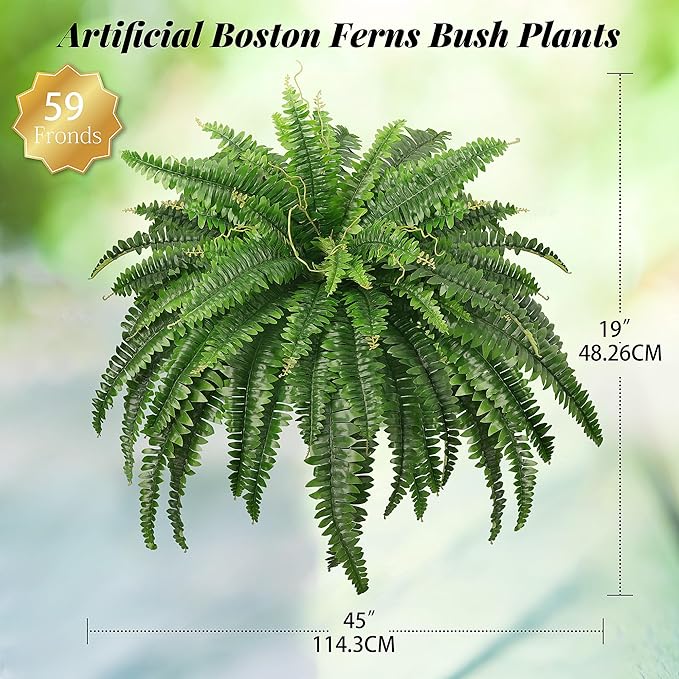 45" Fake Ferns, Realistic Large Artificial Bush Plants, 2 Artificial Boston Ferns with 59 Fronds for Outdoors Planter Indoor Home Garden Porch Decor