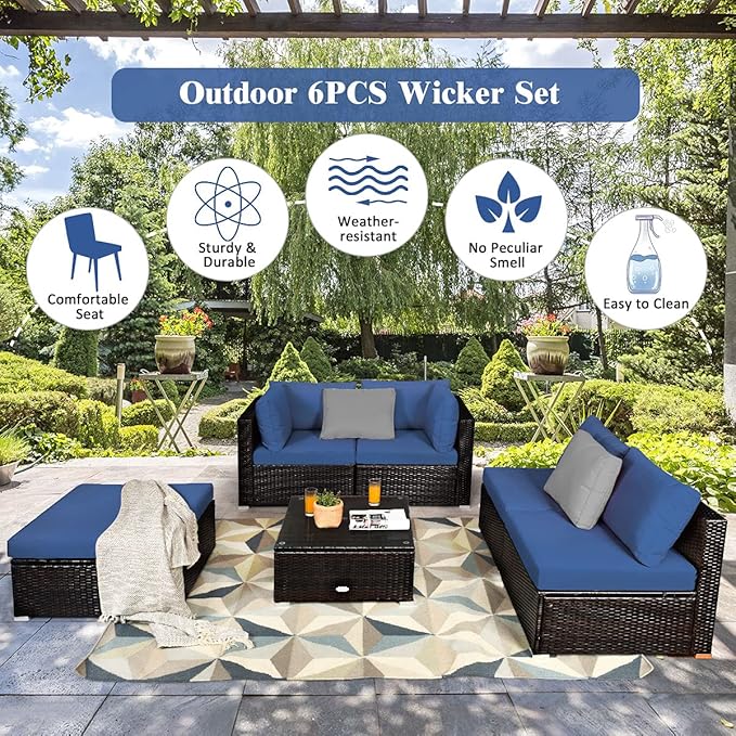 Tangkula 6 Piece Patio Furniture Set, Outdoor Deck Lawn Backyard Durable Steel Frame PE Rattan Wicker Sectional Sofa Set, Conversation Set with Coffee Table (Navy)