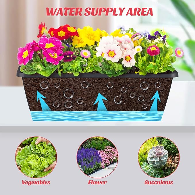 CADUKE Railing Planter Boxes 6 PCS, Planter Boxes with Adjustable Bracket, Deck Rail Planters for Outdoor Plants, Flower Pots for Balcony Garden Decor, Gray