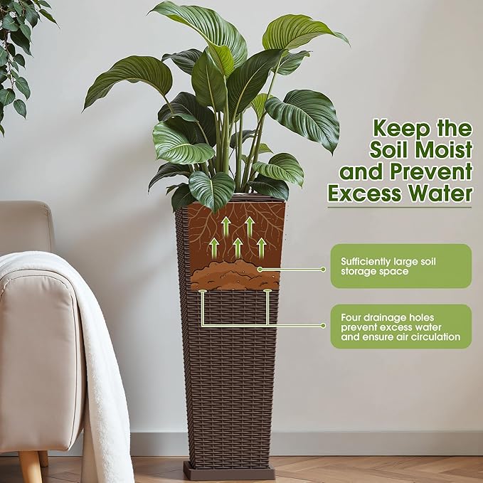 Devoko Resin Tall Planters with Tray for Outdoor Plants Set of 2, Large Taper Outdoor Planter Pots with 4 Drainage Holes, Flower Pots Modern Decor for Porch, Patio, Backyard, Garden(Brown, 32")