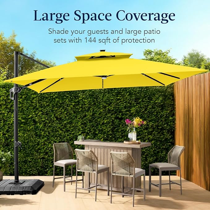 Best Choice Products 12x12ft LED Cantilever Patio Umbrella w/Base Included & 360° Rotation, Large Solar Offset Hanging Outdoor Sun Shade for Deck, Backyard Table w/Stand & Lights – Yellow