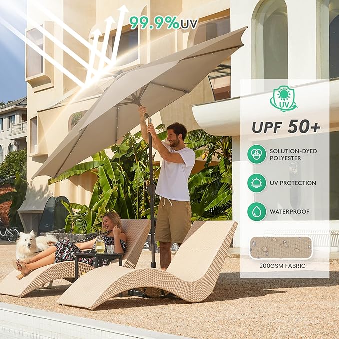 JEAREY 9FT Outdoor Patio Umbrella with Solar Lights, LED Lighted Pool Umbrella with Tilt and Crank, Outdoor Table Umbrellas for Deck, Yard & Market (Beige)