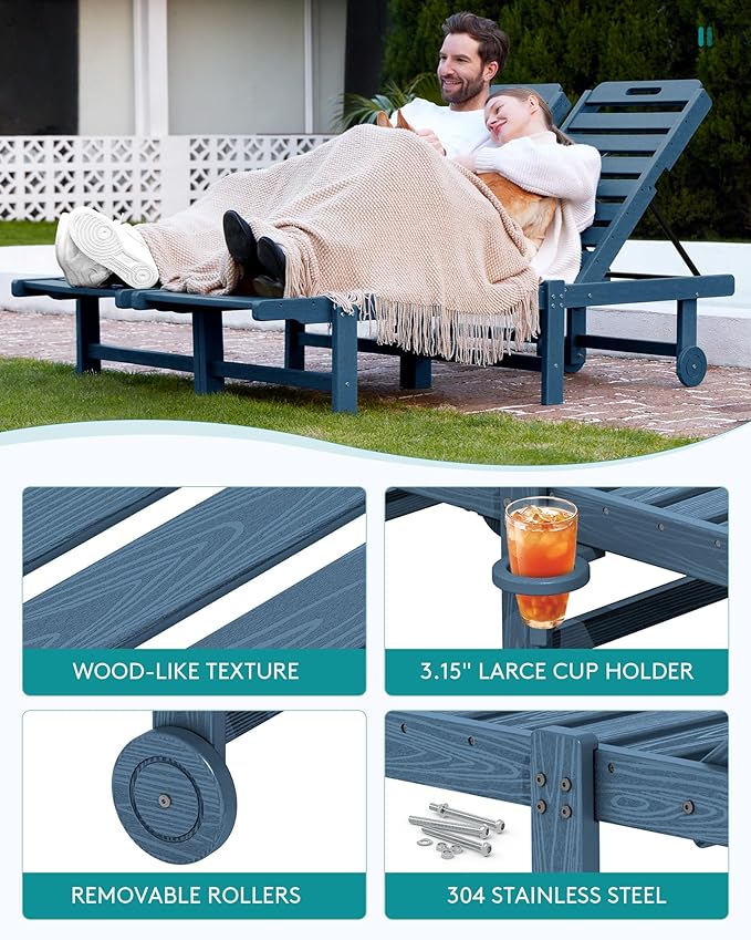 SERWALL Outdoor Chaise Lounge Set of 2, All-Weather HDPE Pool Lounge Chairs with 5-Position Adjustable Reclining Backrest, Rolling Wheels & Cup Holder for Poolside, Blue