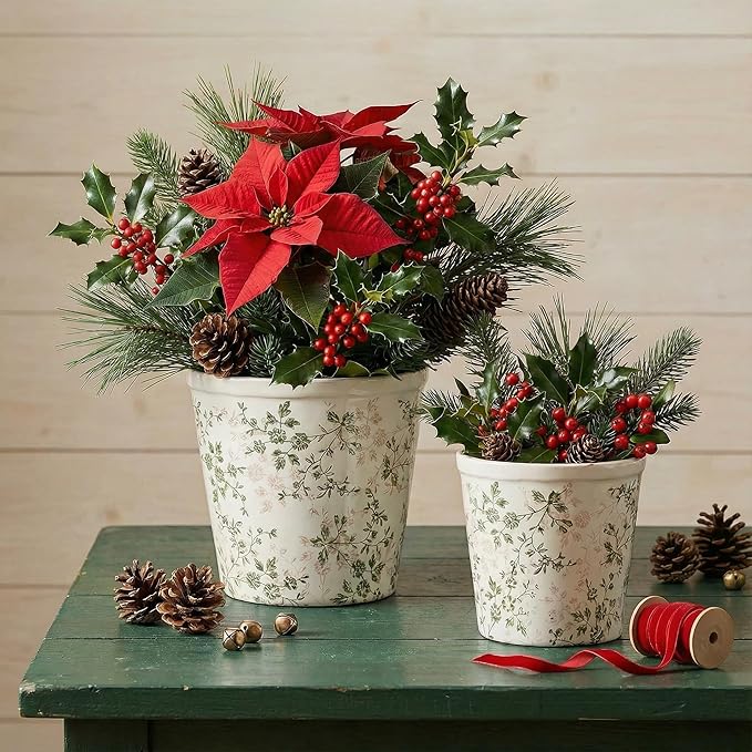 Ceramic Planter Without Drainage Hole, 6.7 Inch - Indoor/Outdoor Flower Pot for Orchids, Succulents, Green Floral Modern Farmhouse Design Plant Pot for Home,Office & Garden Décor, Ideal Gift