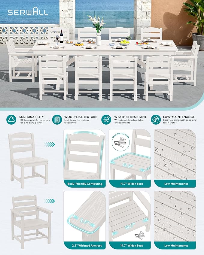 SERWALL 11 Piece Outdoor Dining Set, 84" HDPE Outdoor Table and Chairs for 10，All Weather Patio Furniture Set with Umbrella Hole for Backyard, Garden, White