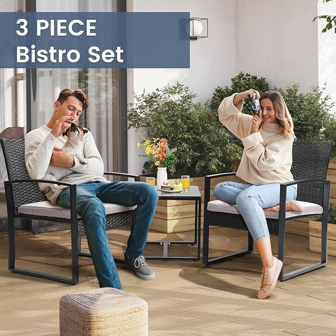 3 Piece Wicker Patio Bistro Set, Rattan Conversation Set with Coffee Table, for Balcony, Porch, Garden, Yard, Poolside, Black Frame with Grey Cushion