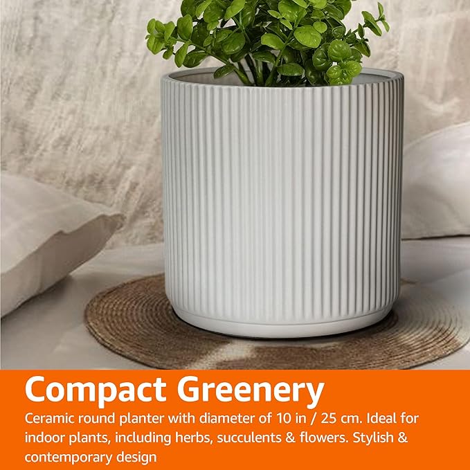 Amazon Basics Fluted Ceramic Round Planter with Drainage Hole, Indoor Outdoor Flower Pot, 10-inch, White