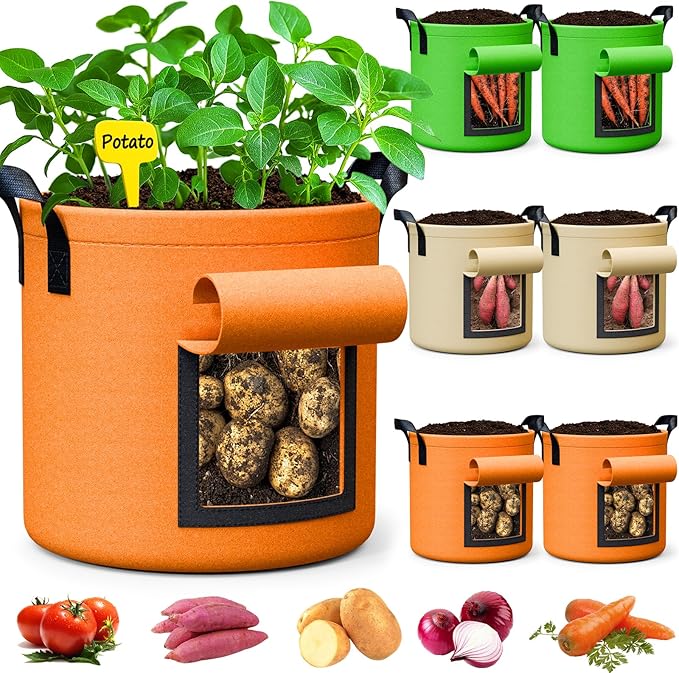 20 Gallon Large Potato Grow Bags - 6-Pack Colored Aeration Fabric Pots with Flap/Handles/6 Pcs Plant Labels