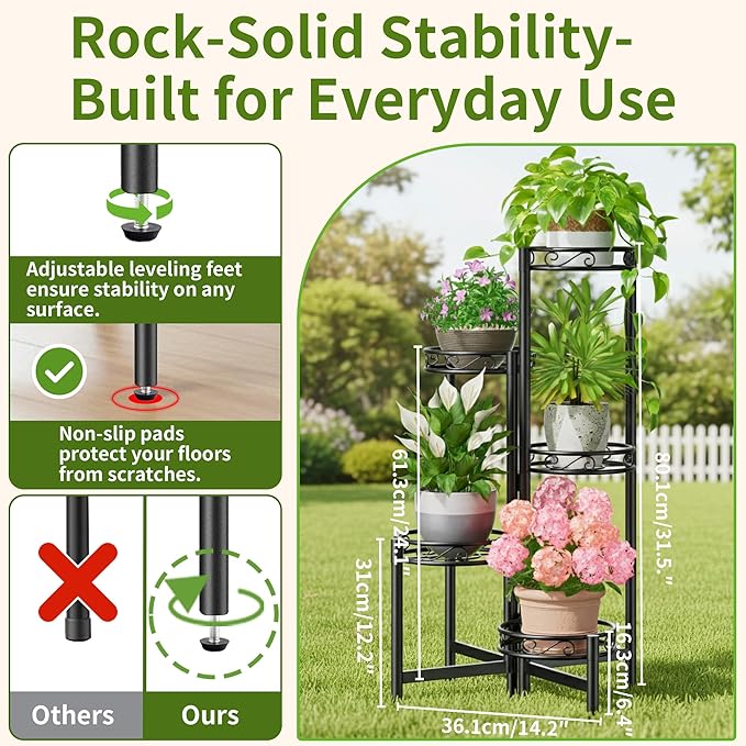 Metal Plant Stand Indoor Outdoor, 5 Tier 5 Potted Multiple Plant Shelf Stands, Wrought Iron Flower Holder Shelf, Folding Tall Rack Shelf for Patio, Balcony, Corner Living Room - BlackCircle