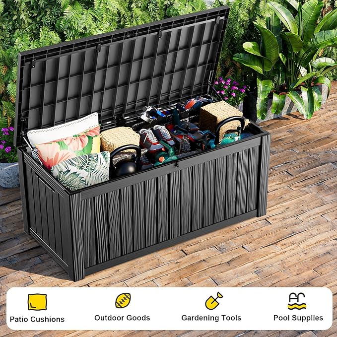 150 Gallon Outdoor Storage Box, Weather Resistant & Waterproof Resin Deck Box with UV Protection, Rattan Black Patio Storage Cabinet for Garden, Patio, Porch, Poolside(Black)
