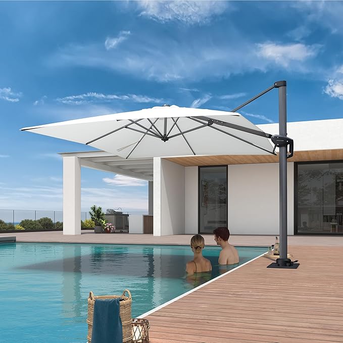 PURPLE LEAF 8' X 8' Patio Umbrella with Steel Plate Base for Pool 7' High Offset Outdoor Cantilever Umbrella Swimming Pool Umbrella with 360°Rotation for Poolside White